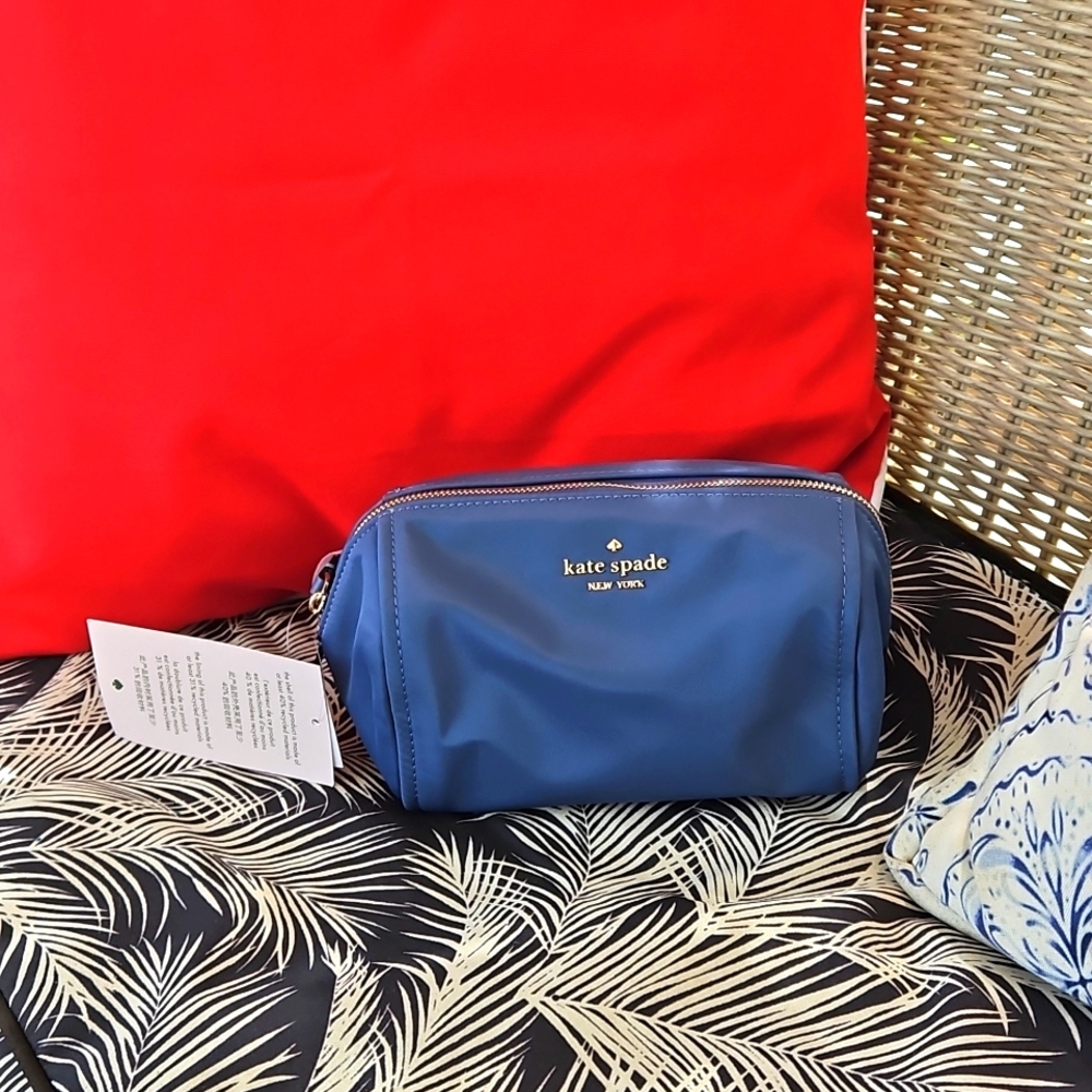 Kate Spade Shipyard Blue Cosmetic Bag with Silver Tone Hardware.